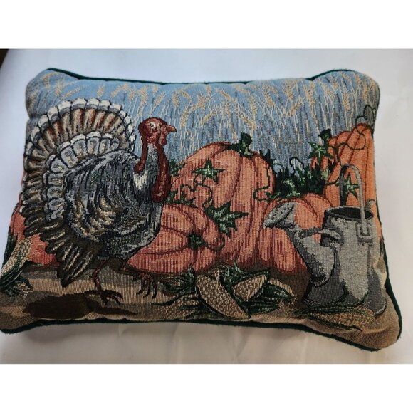 Thanksgiving Turkey & Pumpkin Tapestry Decorative Pillow 12"x17" By Riverdale - Picture 1 of 6